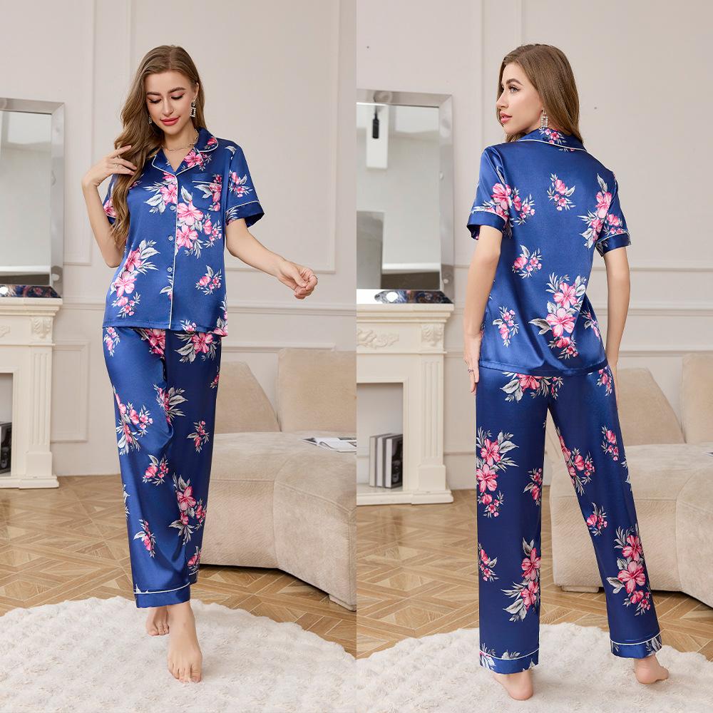 Yaoting ice silk pajamas women's summer short-sleeved trousers loungewear set high-end printing two-piece set TZ1111
