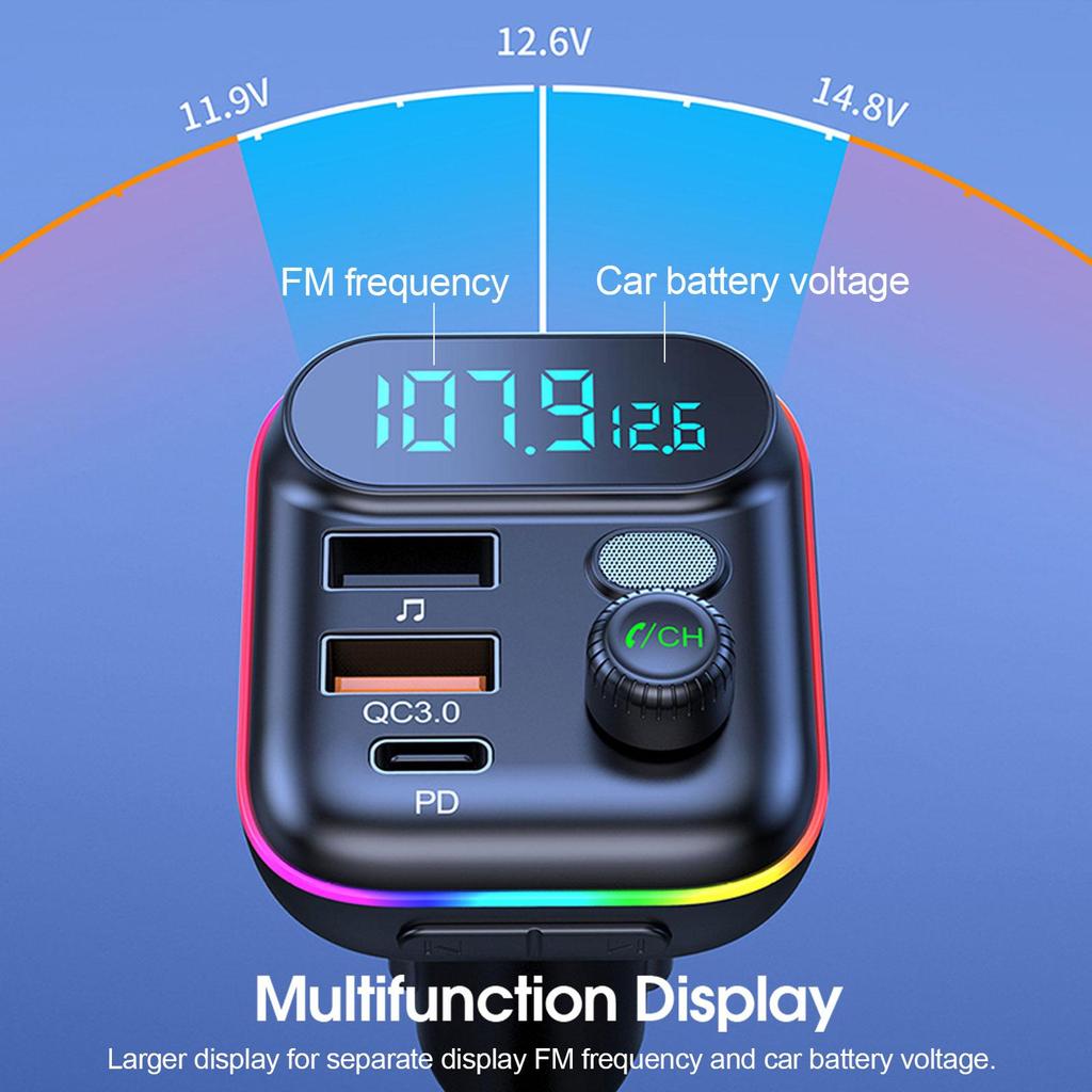 Carro PD 18W QC3.0 Carga Rápida Bluetooth 5.0 Transmissor FM Duplo Player Tipo-C Luz Ambiente Colorida MP3 Acendedor de Cigarros