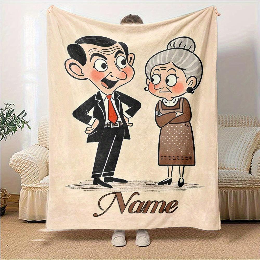 Mr Bean Grandma Themed Flannel Blanket Personalized Name Soft Warm And Versatile For Sofa Bed Office And Travel Machine Washable Comfortable In All