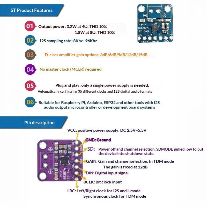 Audio zesilovač Max98357A Modul 3006 I2S 3W Třída D Audio zesilovač Bez filtrace Pro DIY reproduktorové audio projekty