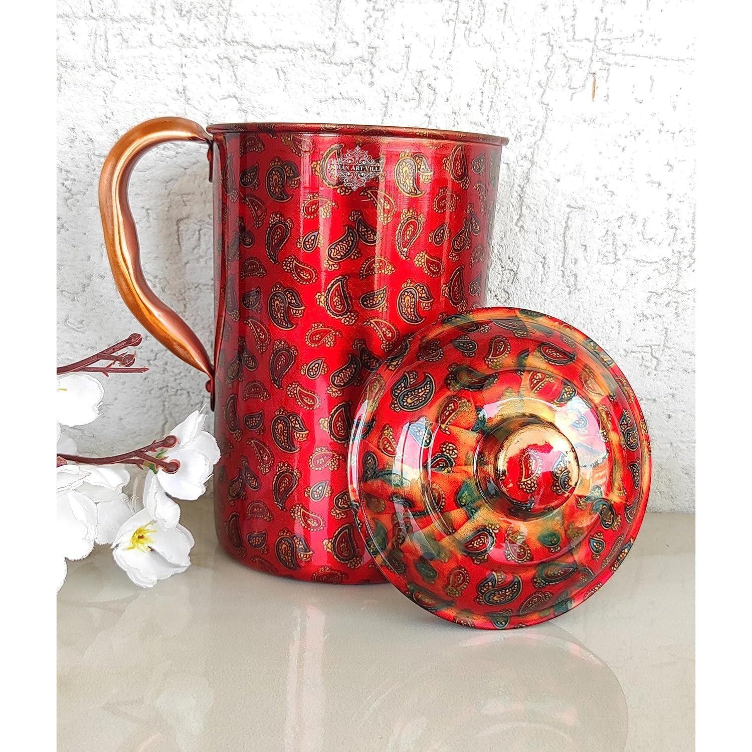 

Pure Copper Jug with Red Mini Paisley Print, Serveware & Drinkware, Beneficial for Health, Volume-2000 ML