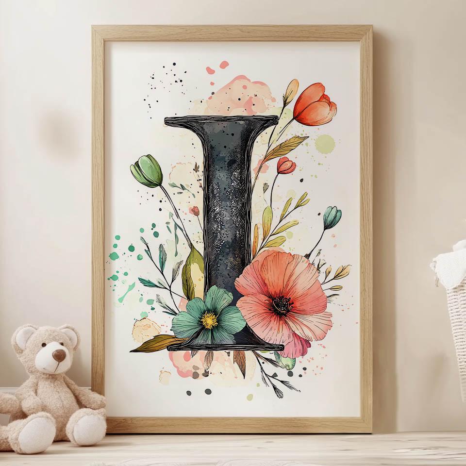Plakat Litera "I" Z Kwiatami Plakat Litera "I" Z Kwiatami, 30X40 Cm, Rama Drewniana Ciemny Brąz, Papier Matowy 230 Gsm