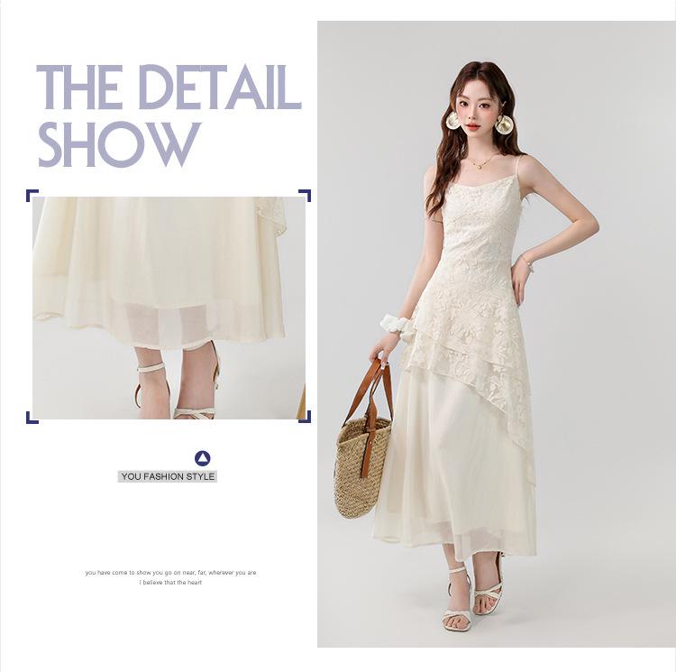 2026 Summer French Apricot Lace Embroidered Irregular Long Camisole Dress for Women