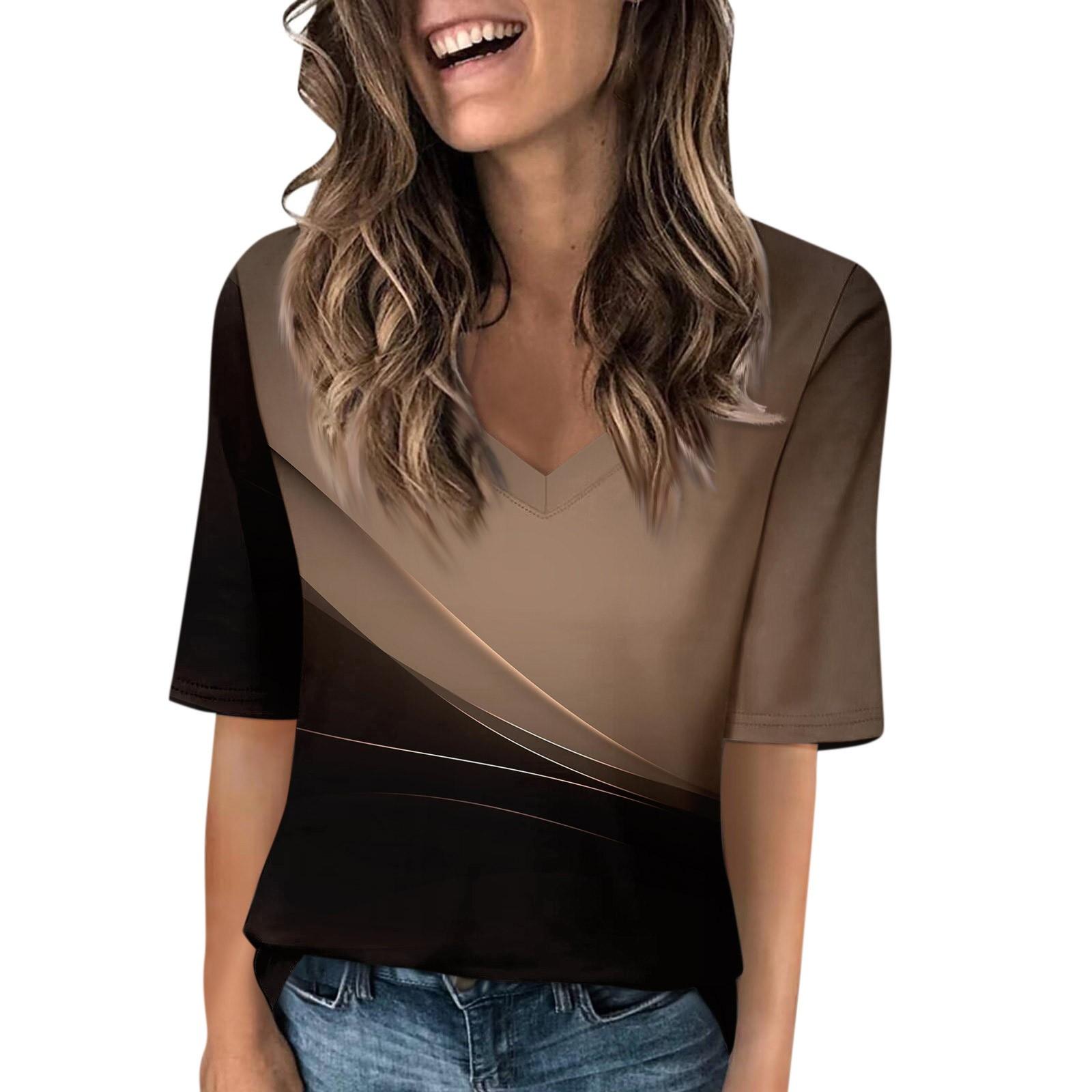 

Женские футболки с V-образным вырезом, топы с половиной рукавов, повседневные летние футболки с принтом, футболка, блузка XL чёрный