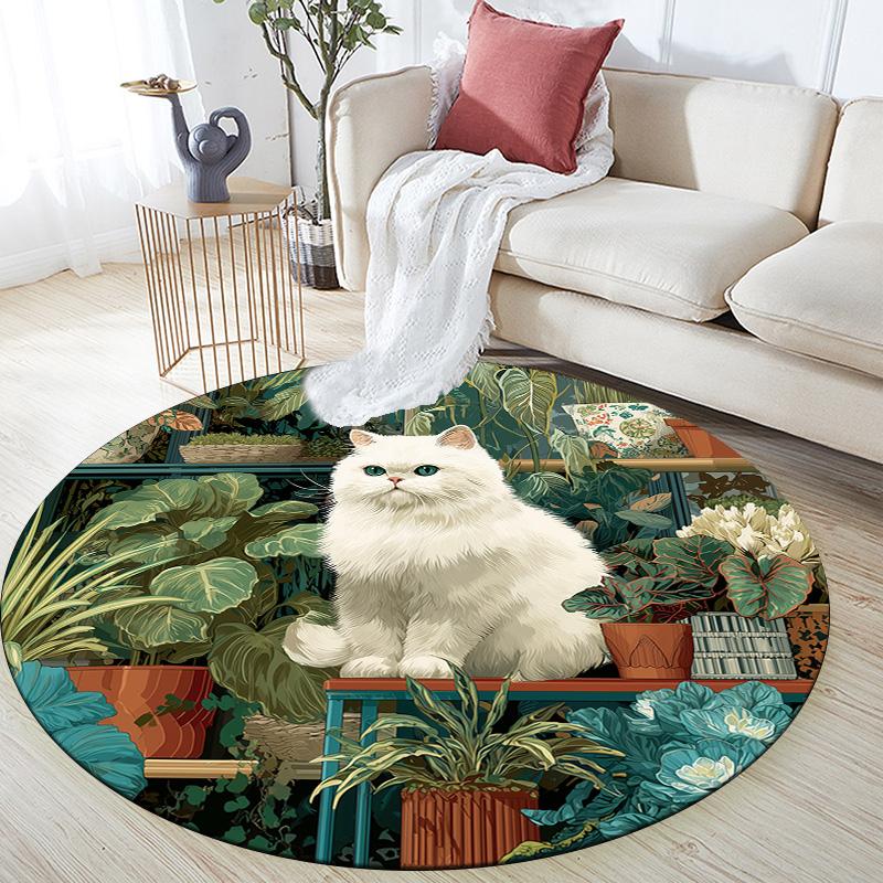 Plant Cat,Round Area Rug,Carpet Rug for Living Room Bedroom Sofa Playroom Decor,Non-slip Floor Mat