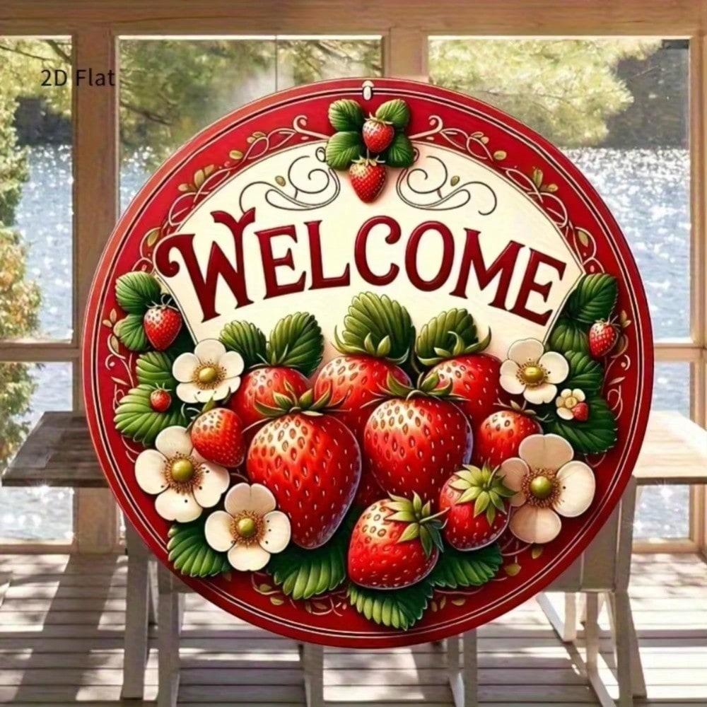 

1PC Farmhouse Welcome Sign Red Strawberry Floral Pattern Front Door Kitchen Coffee Shop Decor Wall Hanging Metal Tin Sign 20x20 білий
