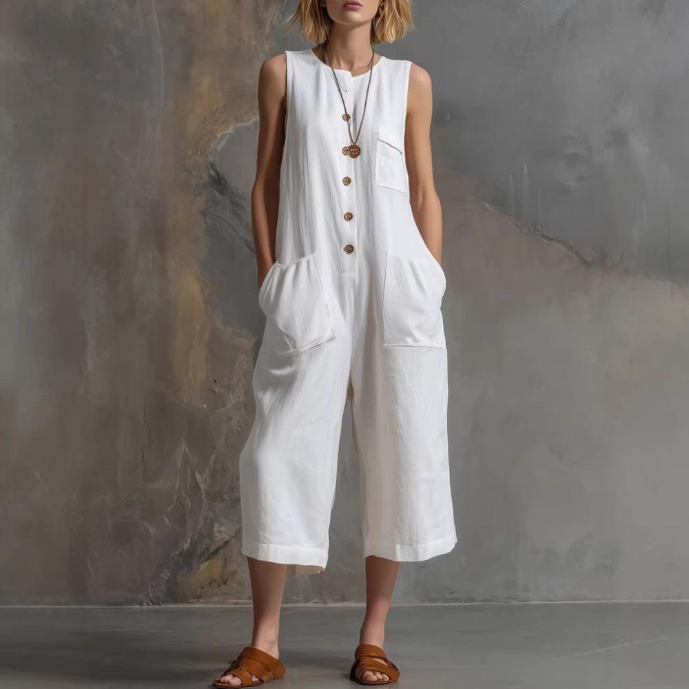 Women s Sleeveless Button Down Wide Leg Jumpsuit Casual Loose Fit Romper with Pockets S белый