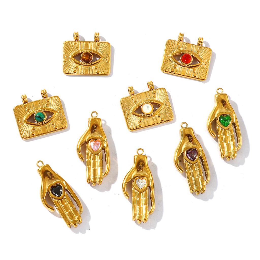 1 Piece 304 Stainless Steel 18K Gold Plated Natural Stone Rhinestone Palm Shaped Eye Rectangle Pendant For Necklace DIY Making