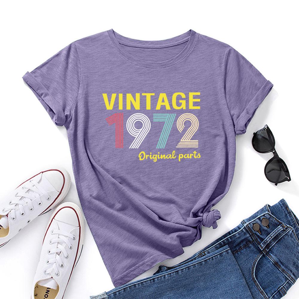 1972 Vintage Alphabet Cotton T-Shirt Short Sleeve Round Neck Women 2d Print Tops