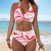 Ladies' Detachable Chest Cushion High Waist Hanging Neck, Printed Color Blocked Split Swimsuit High Waisted Bikini Two-Piece Set