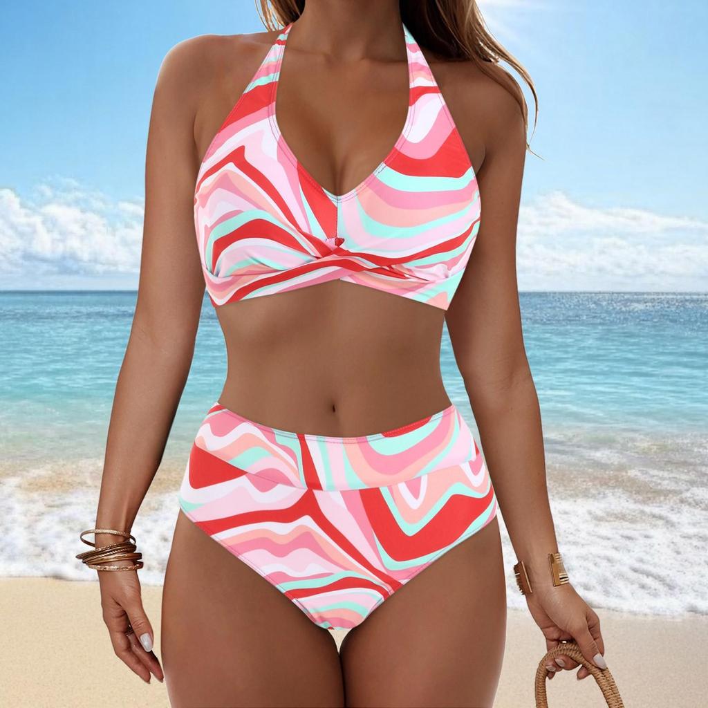 Ladies' Detachable Chest Cushion High Waist Hanging Neck, Printed Color Blocked Split Swimsuit High Waisted Bikini Two-Piece Set