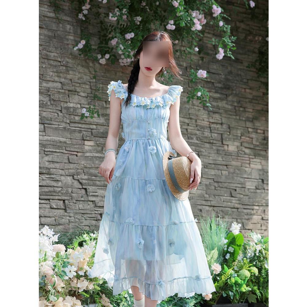 Sweet blue women's casual three-dimensional flower small flying sleeve suspender dress summer vacation style thin dress