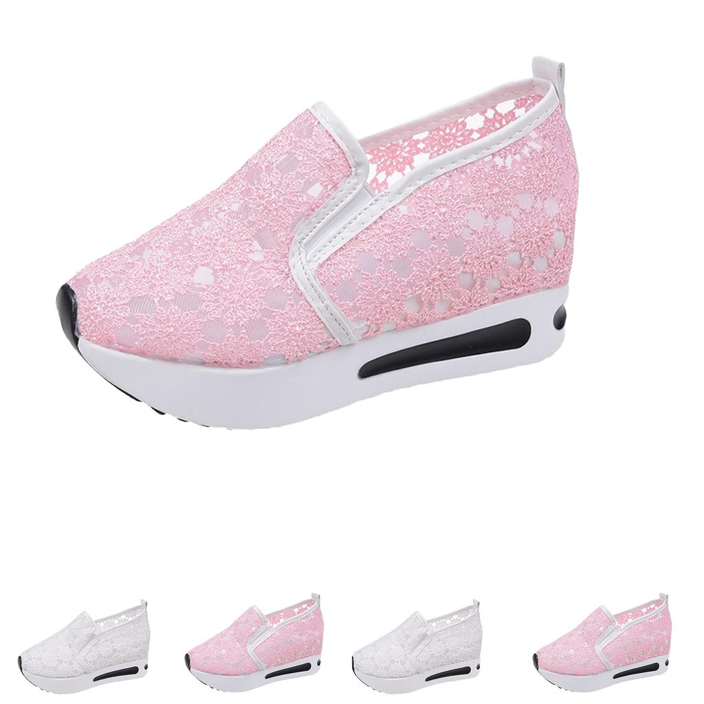 Women's Lace Mesh Platform Slip On Casual High Heel Shoes with Wedge Sole Lightweight Breathable Design Comfortable Fit