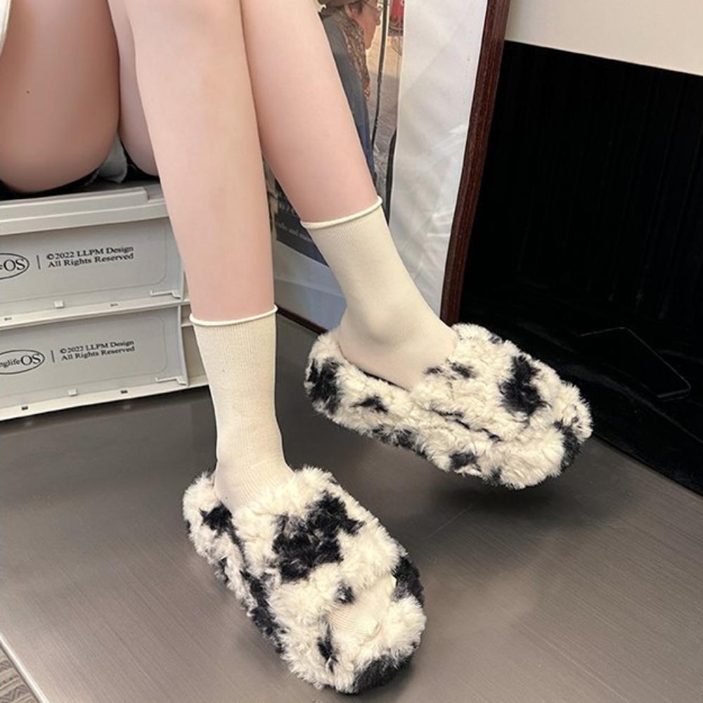 Plush One Word Dragging Women's Autumn and Winter Cow Color Thick Bottom Outer Wearing Cotton Dragging with Velvet Warm Fury Slippers