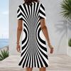 Women Plus Size Round Neck Short Sleeve Black White Printed A Line Dress