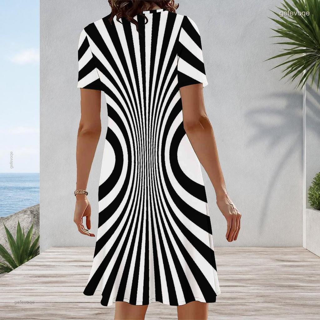 Women Plus Size Round Neck Short Sleeve Black White Printed A Line Dress