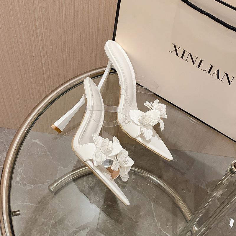 Fashion Fashion Gold Silver High Heels Slippers Women Leather Flowers Designer Sandals Sexy Pointed Toe Summer Party Dress Shoes