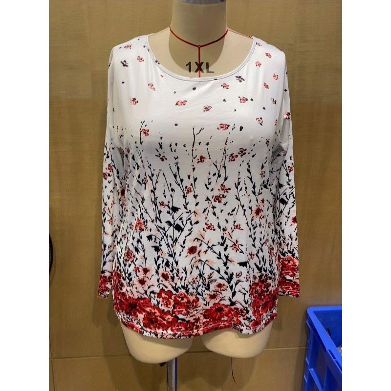 Plus Size Women S Long Sleeve Crew Neck Floral Print Spliced T Shirt