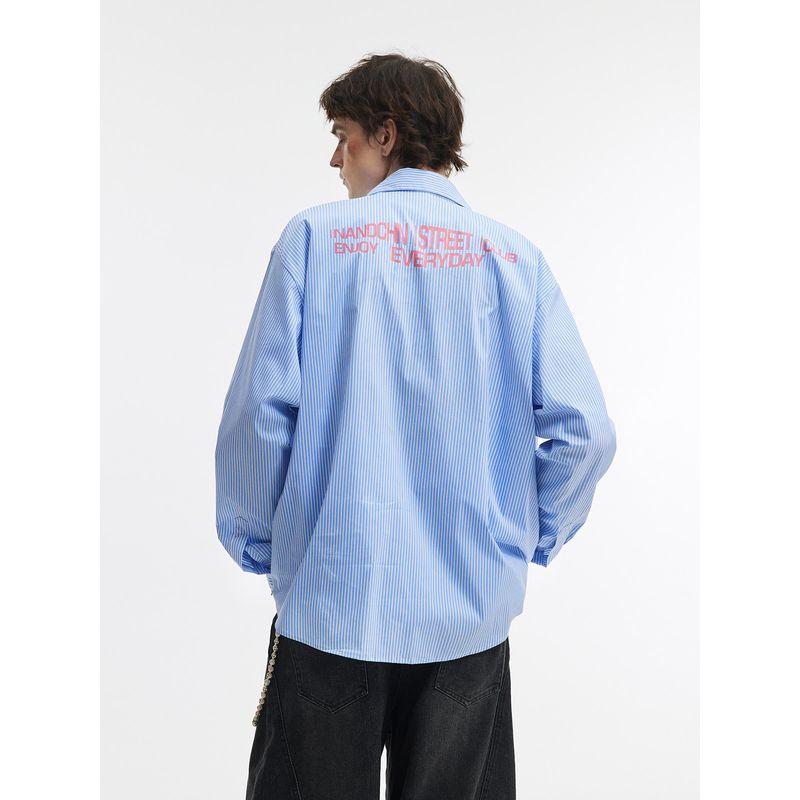 Men's American Retro Letter Print Striped Long-Sleeved Shirt for Men and Women, Blue Couple's Lazy Casual Sun Protection Shirt