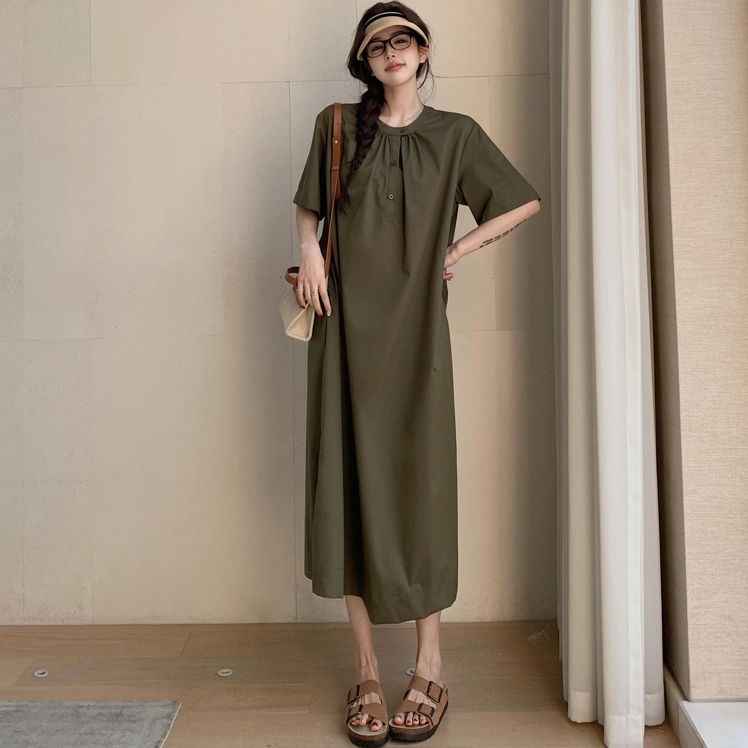 

DIMANAF 2025 Summer Plus Size Dress Women Casual Vintage Dress Basic Loose O-Neck Long Short Sleeve Dress Cotton XL