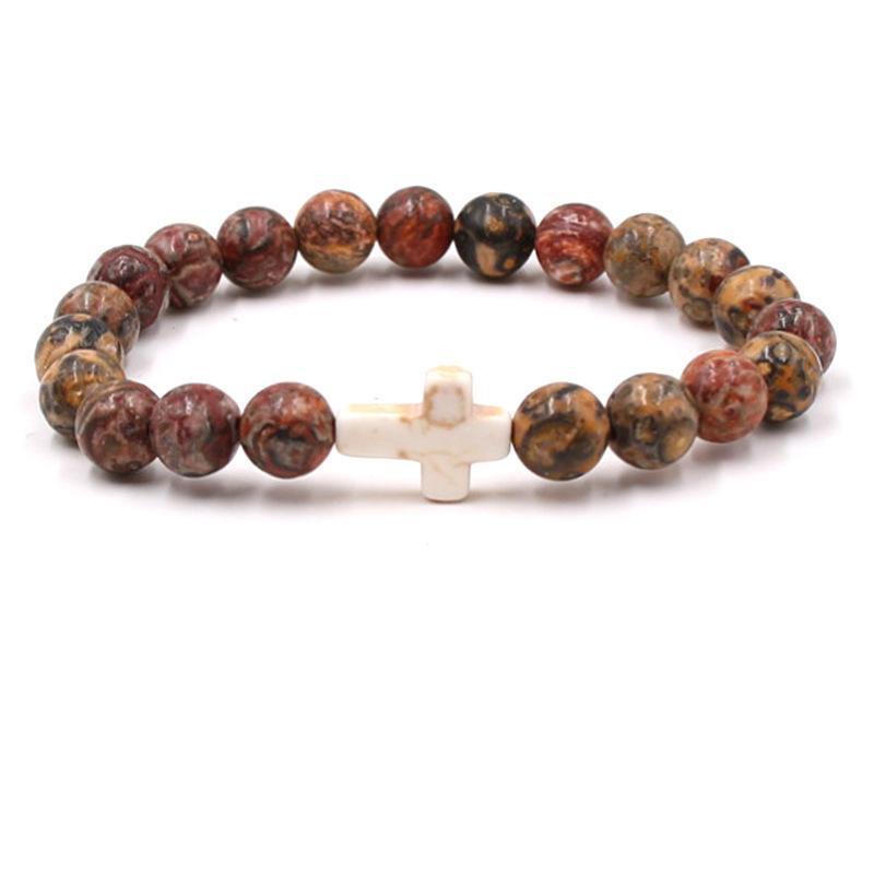 Trendy Beaded Bracelet With Natural Agate Stones - Stylish Cross Pendant Bracelet - Elegant Jewelry For Daily Wear