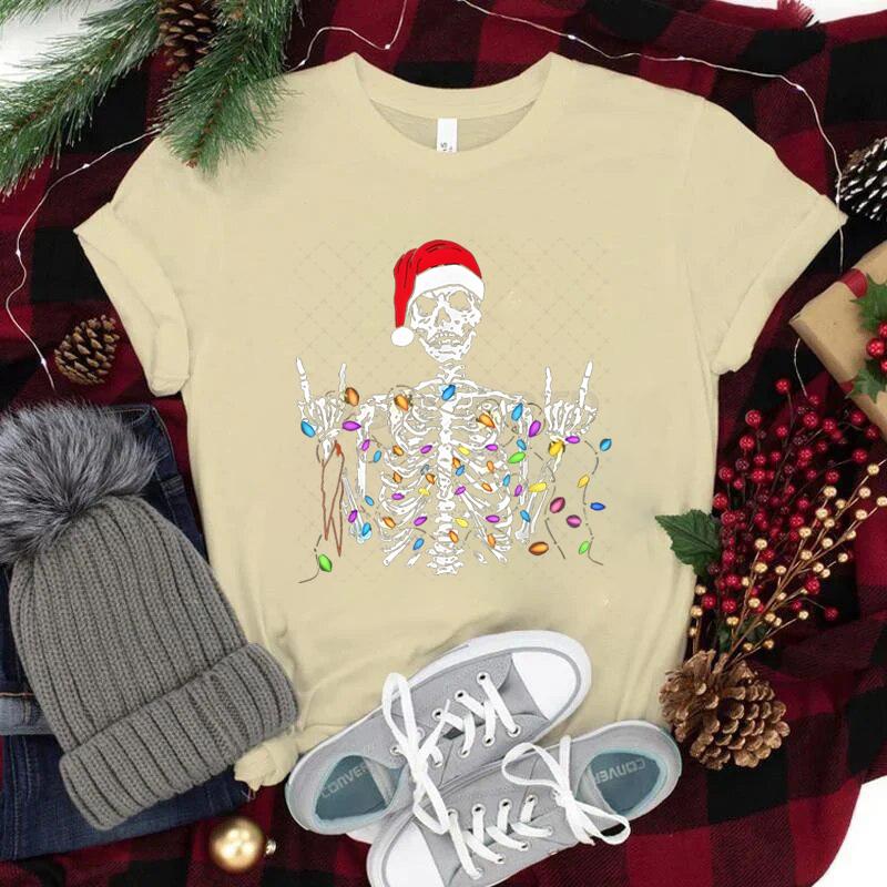 Christmas Skeleton Shirt Funny Lights Skull TShirts for Unisex Unisex Classic Street Style Tops Tees Xmas Santa Hat Skull Clothes
