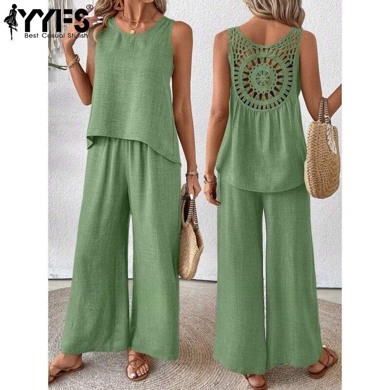 YYFS Women's Fashion Casual Spring Autumn Solid Color Print Sleeveless O-Neck Trousers Pants Suits