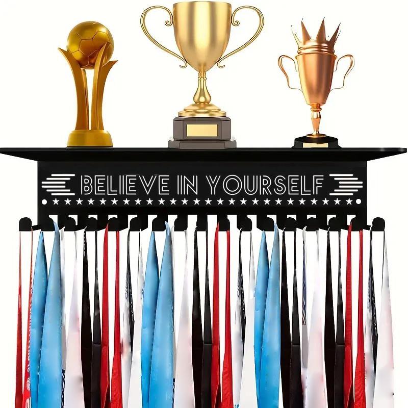 Wall Mounted Medal Display Rack Metal Trophy Shelf Medal Hanger Display With 15 Hooks Medal Holder Sturdy Honor Ribbon Organizer