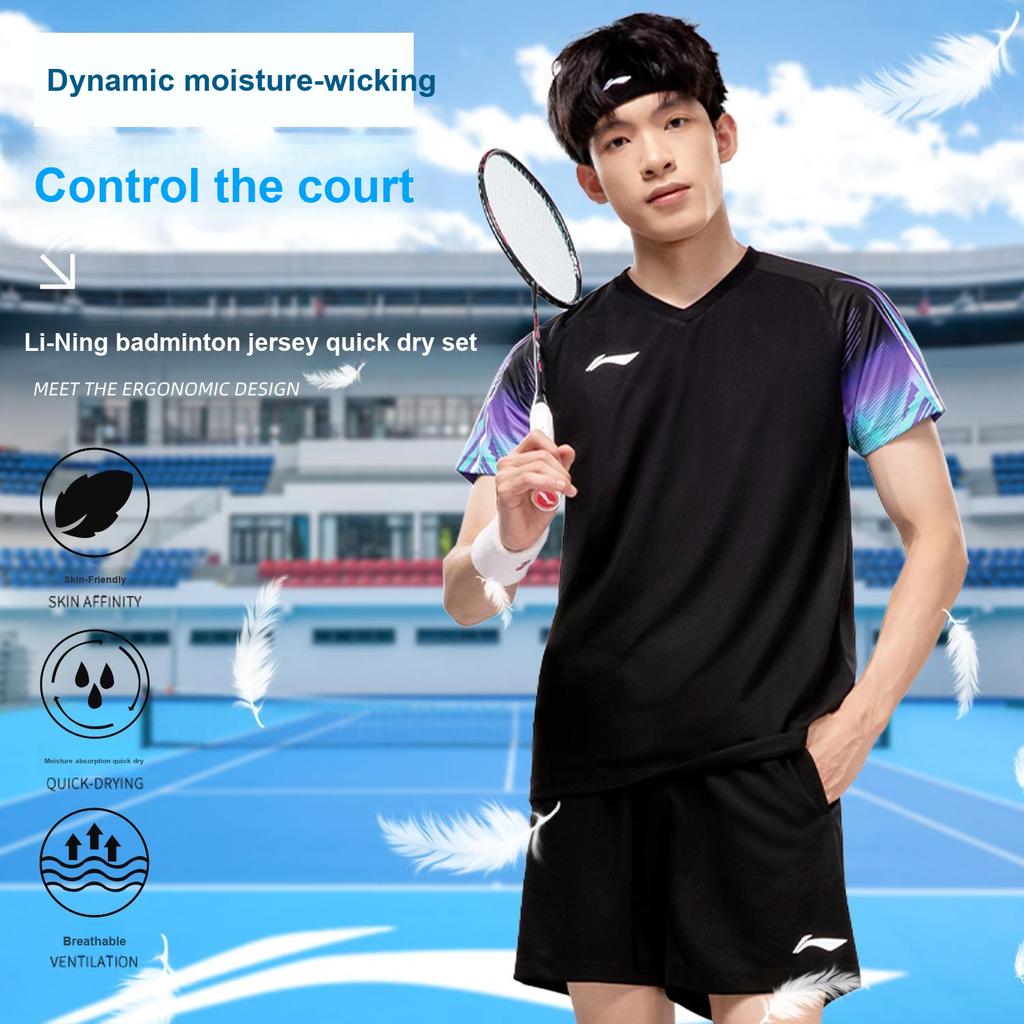 Li-Ning Atmungsaktives Schnelltrocknendes Lauf-Badminton-Trainings-Kurzarm-T-Shirt und Shorts Lässiges Sportset Unisex-Sportset AATV081-1