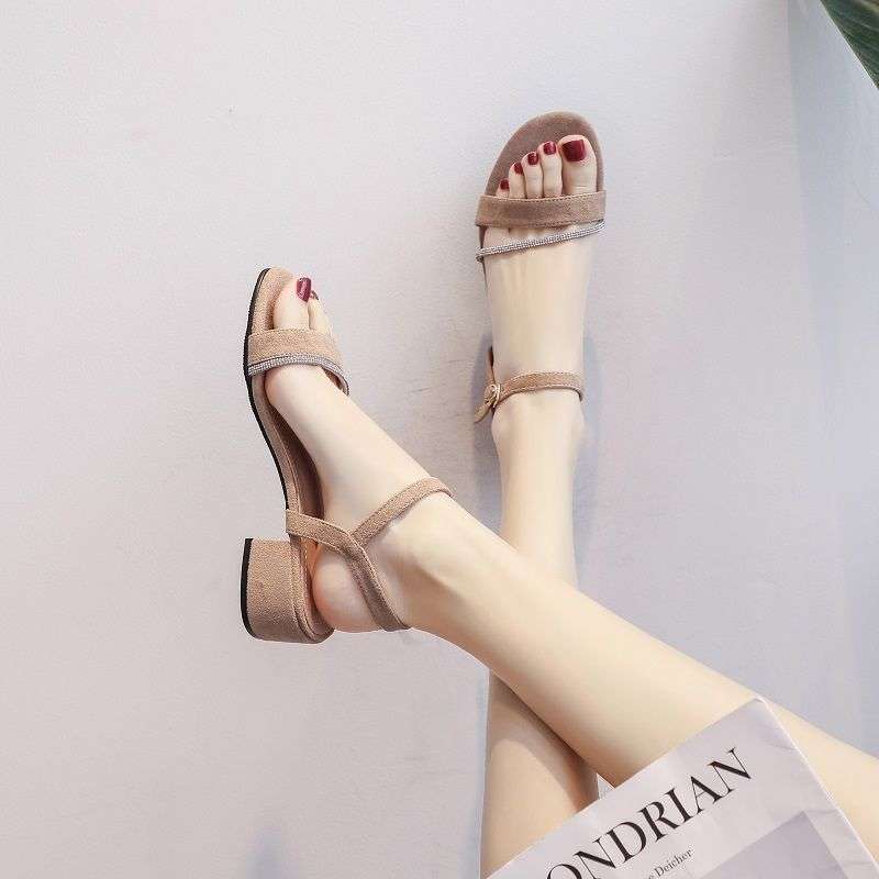 Sandals Female Summer 2025 New Middle Heel Thick Heel One-word Buckle with Rhinestones Fairy Style Versatile Shoes with Skirts