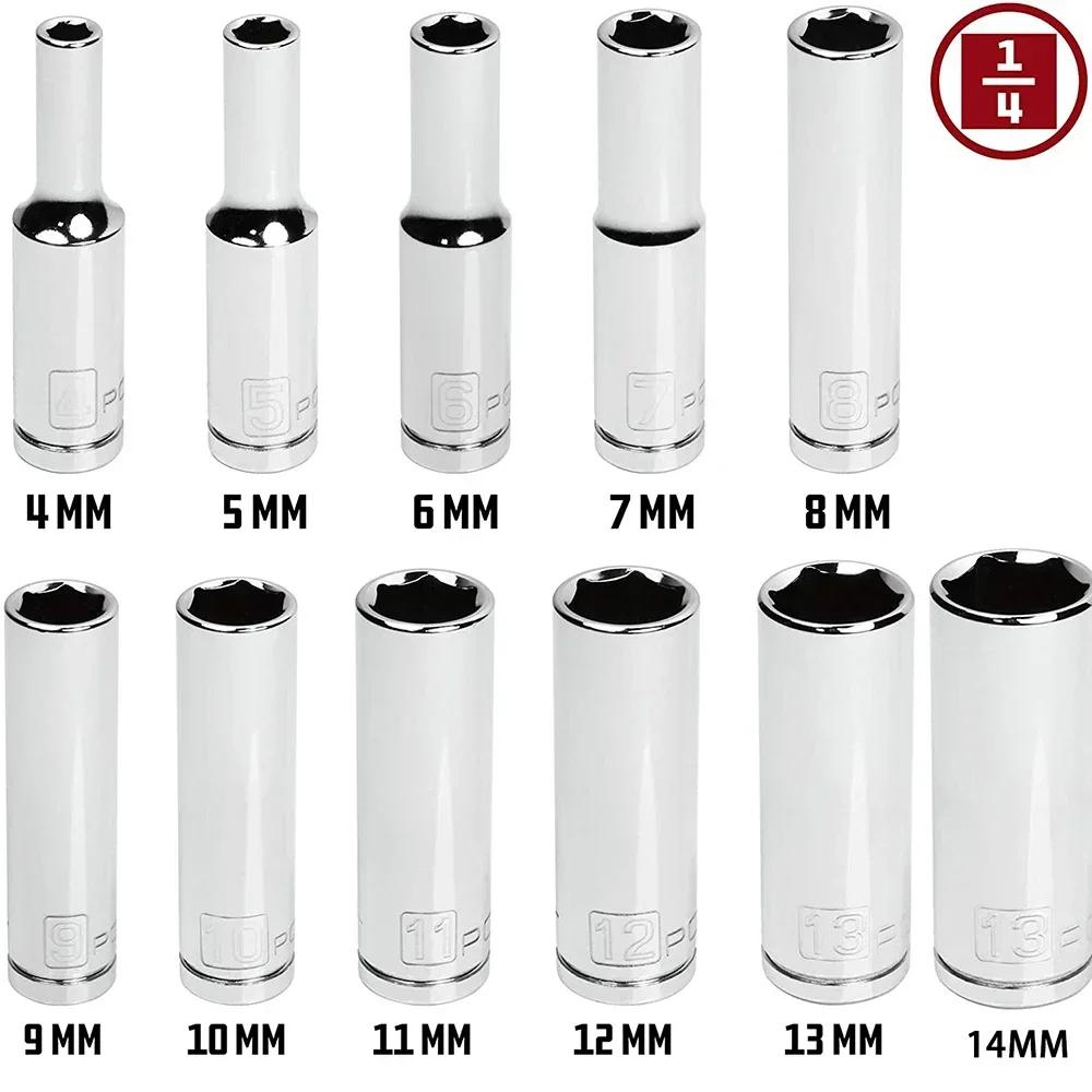 11Pieces Metric Long Chrome Socket Set 6-Point Deep Socket 1/4-Inch Drive From 4 Mm To 14 Mm Professional Grade