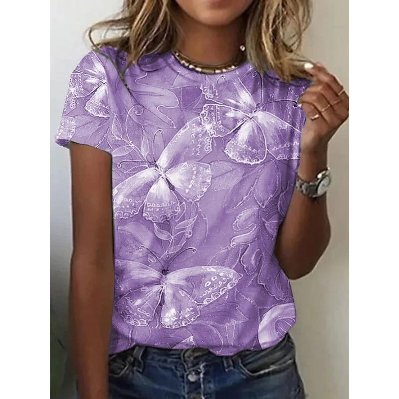 Summer Round Neck 3D Butterfly Print Top Fashionable Casual Short Sleeved Women's T-shirts