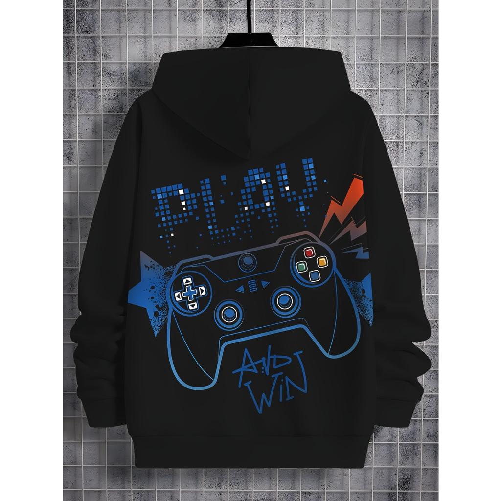 Boys' Black Hoodie with Vibrant Game Console Print - Casual and Comfortable Polyester Blend, Long Sleeves