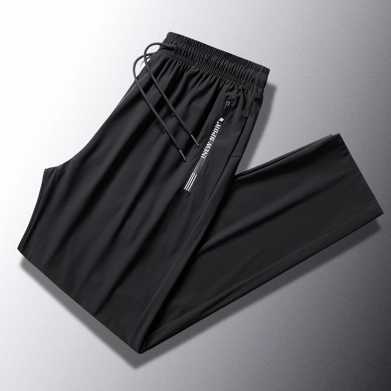 Men's High-End Elastic Ice Silk Sports Pants - Summer Breathable, Quick-Drying, Loose Straight Leg, Plus Size, Long Running Pants