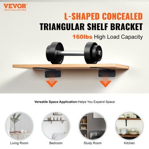 VEVOR Shelf Bracket, 10”L x 4”W x 1.6”H, 6 Pcs Heavy Duty Floating Shelf Brackets, Brackets for Shelves, 5mm Thick Matte Black L Shelf Bracket