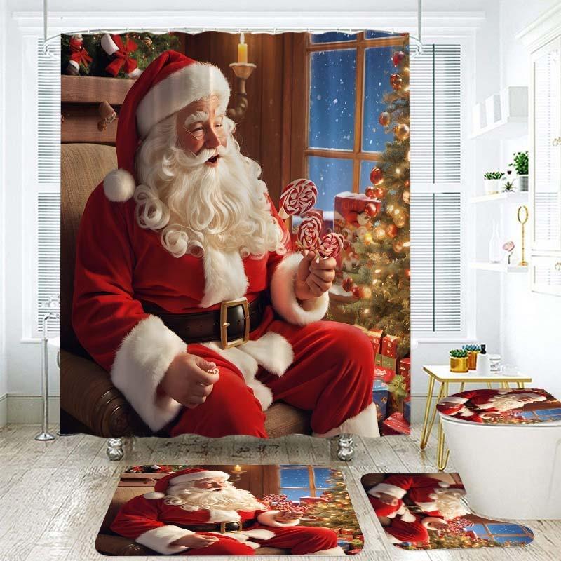 Weihnachtsgeschenke Badezimmer Duschvorhang Teppich Set Weihnachtsmann Schneemann Frohes Neues Jahr Polyester Duschvorhänge Badezimmer Dekor