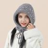 Sequined bald hat women's autumn and winter cute ear protectors lace up to show the face small wool knitted hat