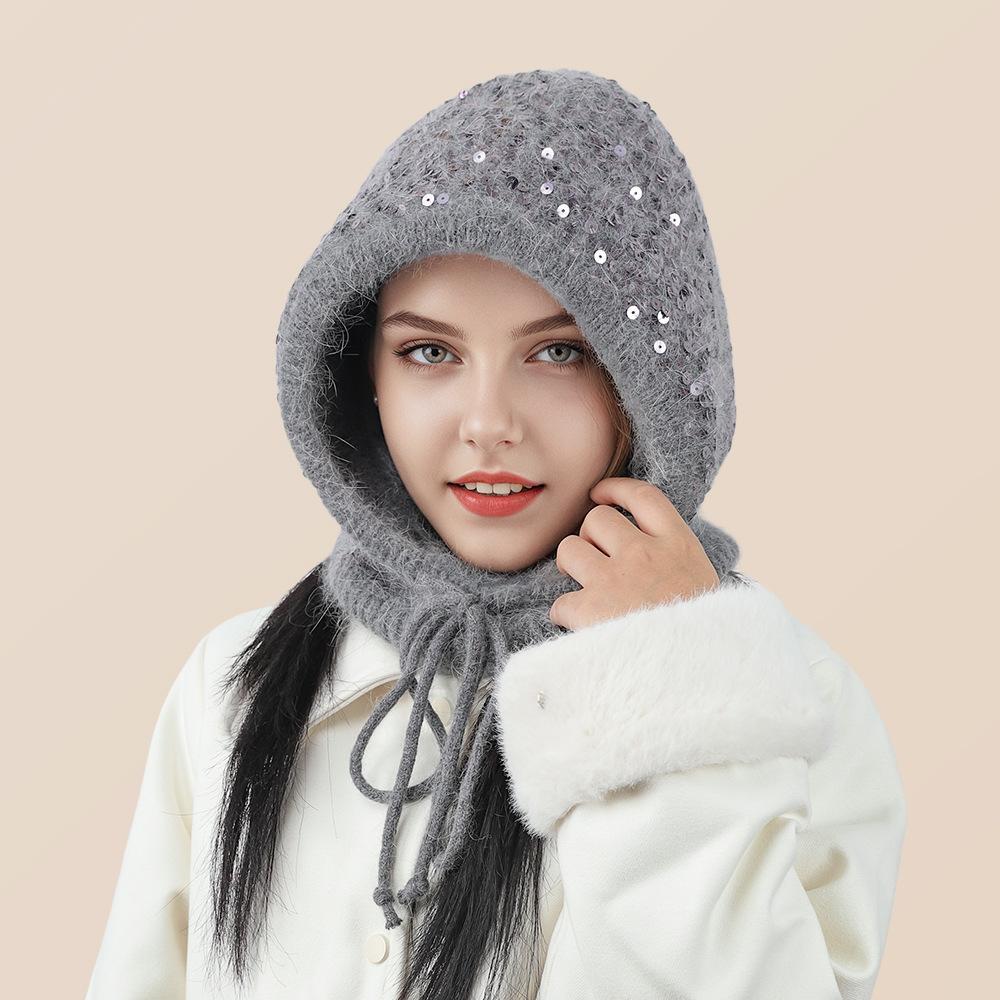 Sequined bald hat women's autumn and winter cute ear protectors lace up to show the face small wool knitted hat