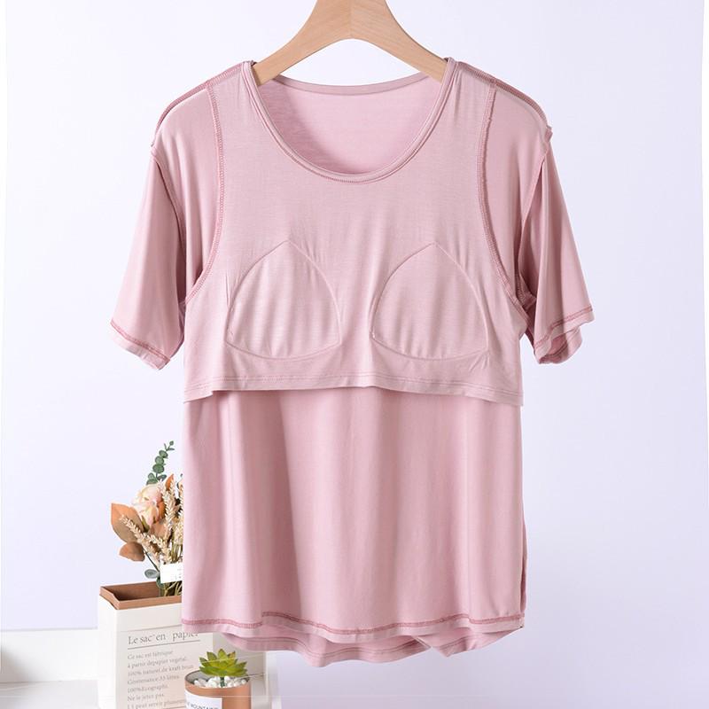 Damska bawełniana koszulka do spania z krótkim rękawem - Bez biustonosza, Zapobiegająca wybrzuszeniom, Letnia odzież domowa