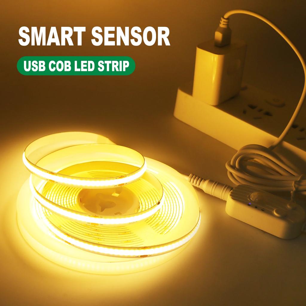 USB PIR Motion Sensor COB LED Strip Lights 5V Flexible Tape Ribbon Diode Light with Auto ON/OFF for TV Backlight Room Cabinet Decor