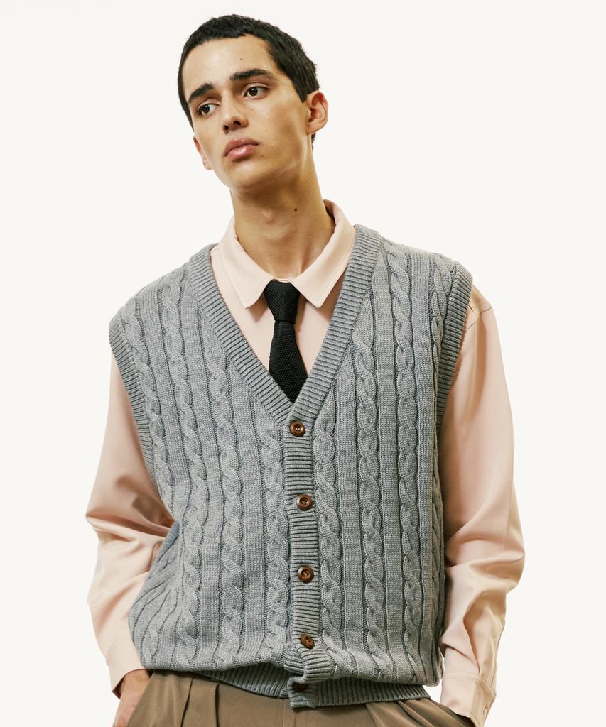 SSY [Set] Sunday Cable Knit Vest & Drapery Shirt