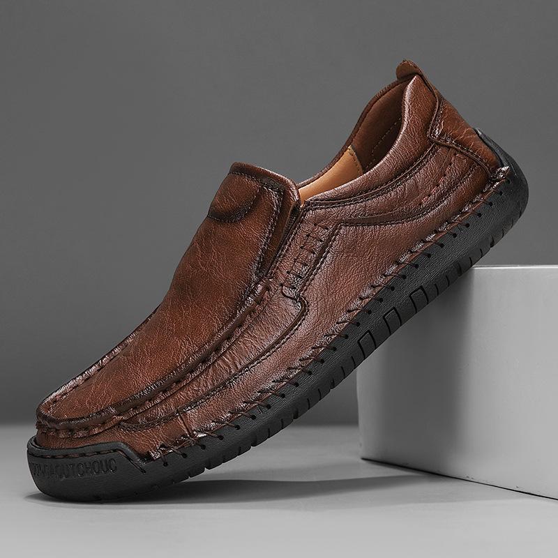 Men's Hand-stitched Slip-on Leather Loafers - Outdoor Casual Flat Driving Shoes, Plus Size Available.