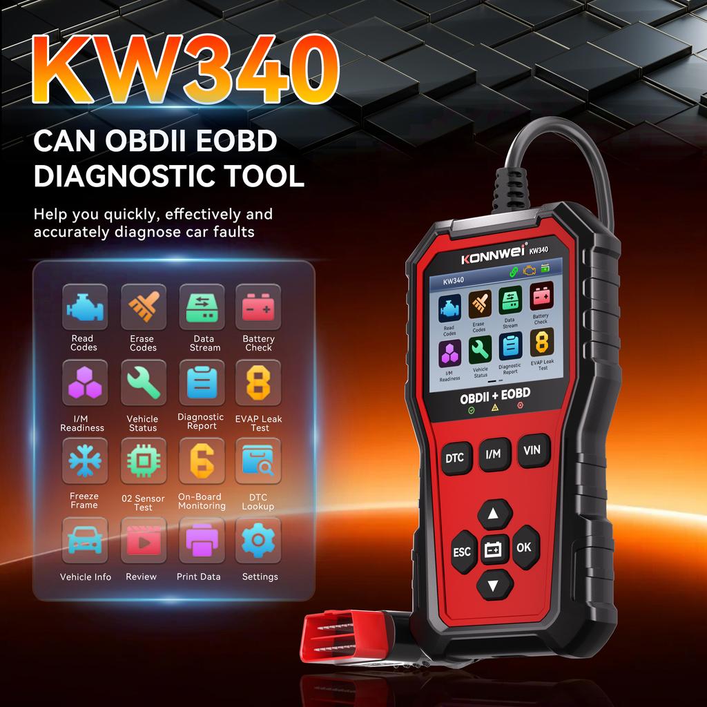 KONNWEI KW340 Car OBD2 Diagnostic Tool CAN EOBD 3in1 Engine Battery Test Read Clear Fault Code Real-Time Data O2 Inspection Tool