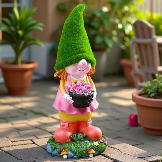 Solar Garden Gnome Statue with LED Light Holding Flower Basket Flocking Hat Dwarf Girl Figurine Sculpture Outdoor Decoration Ornament