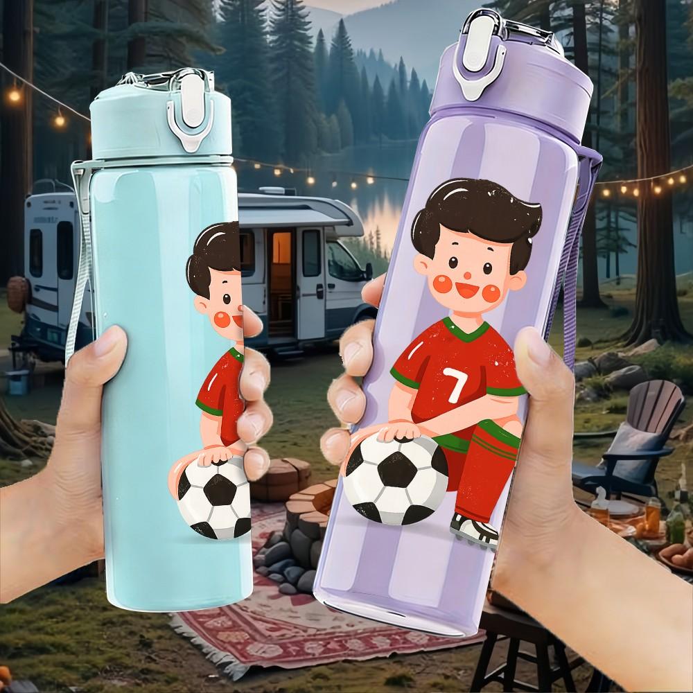 1PC Little Boy Kicking Soccer Print 750ml Color Plastic Sports Water Bottle Leakproof Flip Straw Lid Suitable for Sports Office Home Use