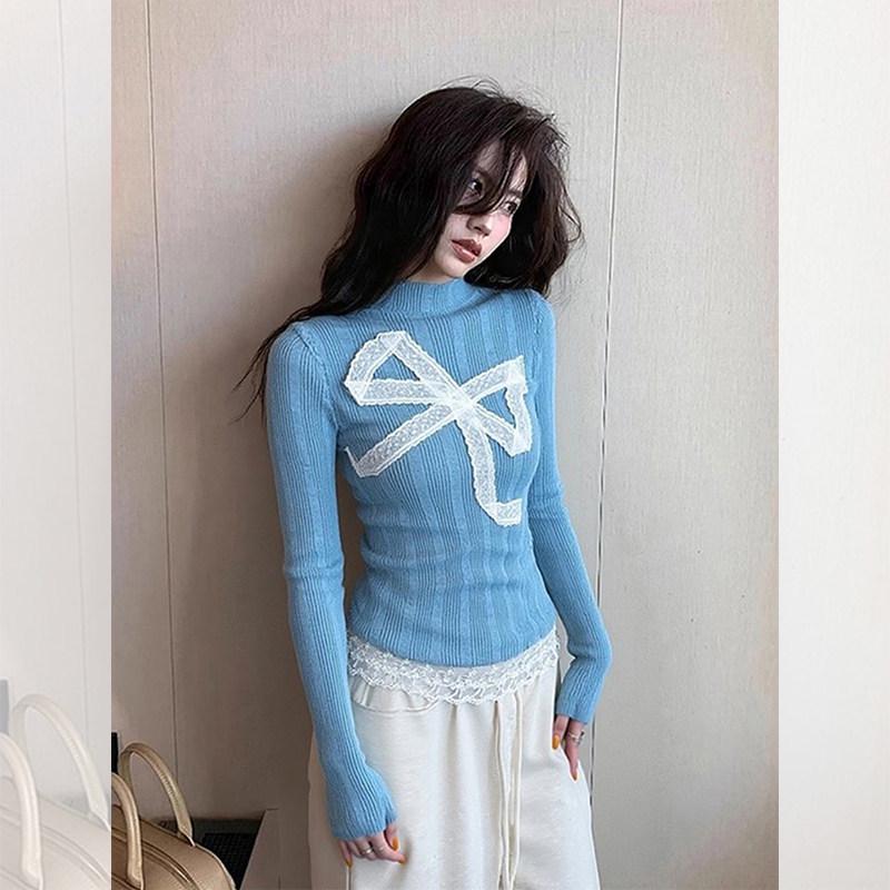 2026 Stylish Blue Bow Layered T-shirt: Unique Winter Design One Size синий