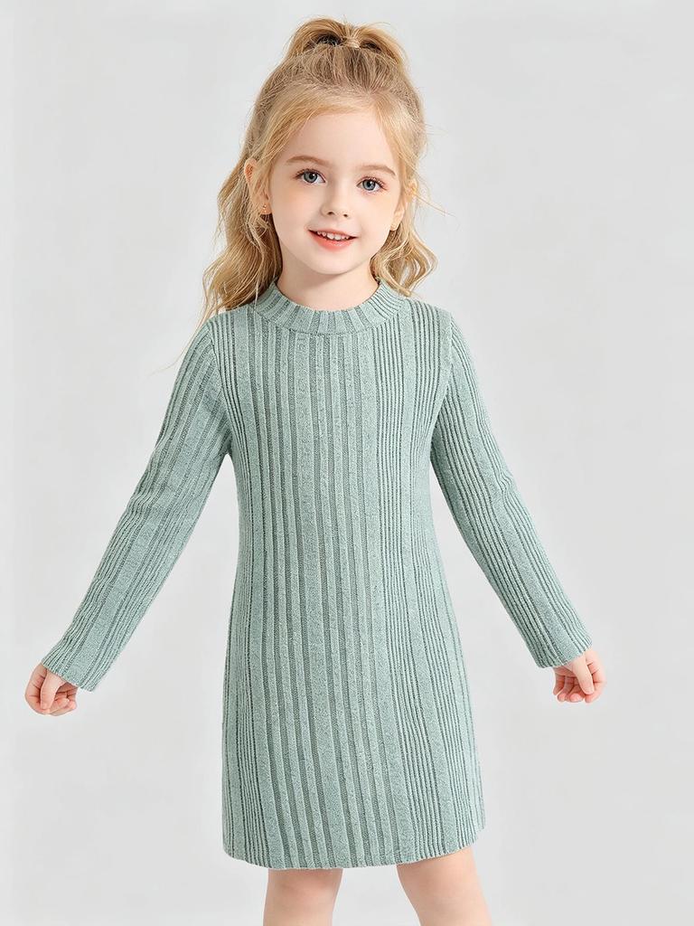 Girls' baby long-sleeved round-neck green striped casual fashion cute dress