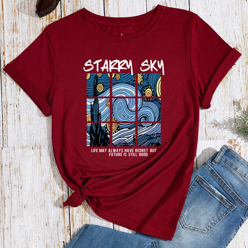 Bawełniany T-shirt Krótki Rękaw Okrągły Dekolt Damski Nadruk 2D Top