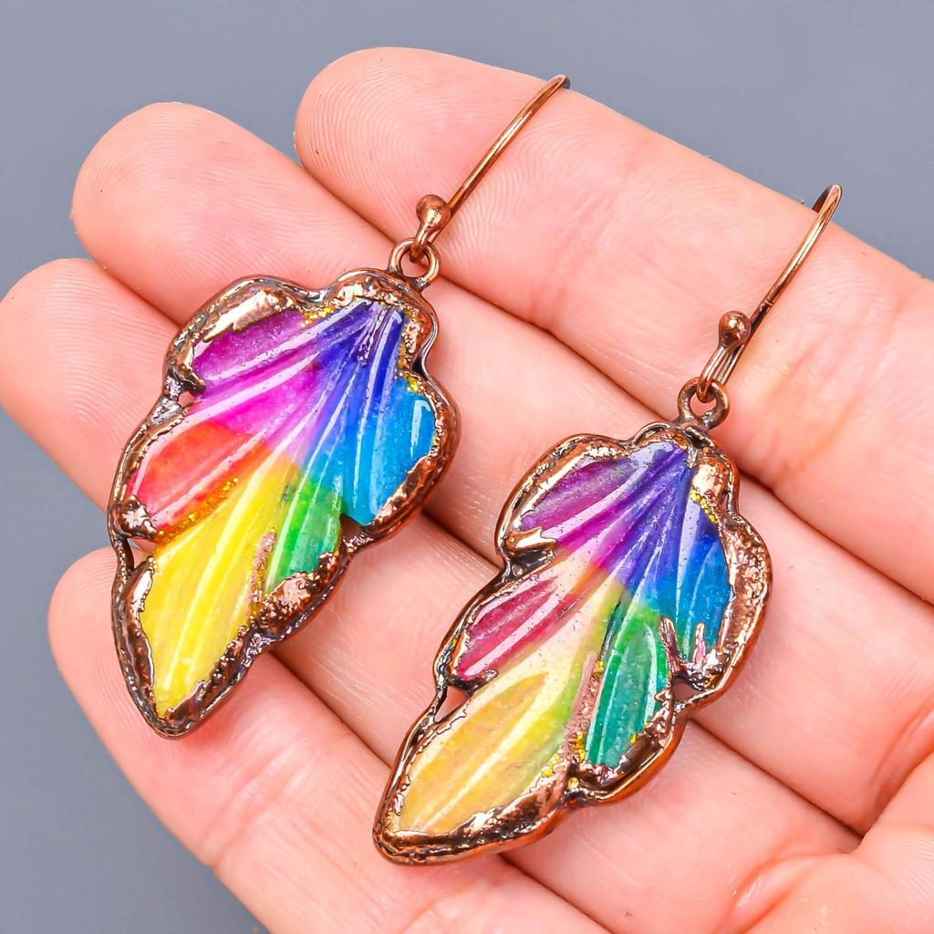 Natural Rainbow Solar Quartz Copper Birthday Dangle Drop Ethnic Earrings Jewelry V-2