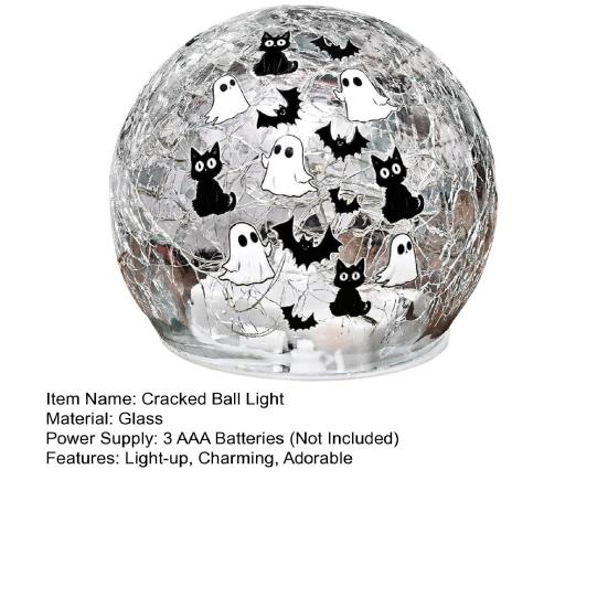 Crackle LED Glass Ball Lamp Halloween Ghost Bat Cat Cracked Ball Light with Warm Light for Halloween Walkway Path Garden Tabletop Decor